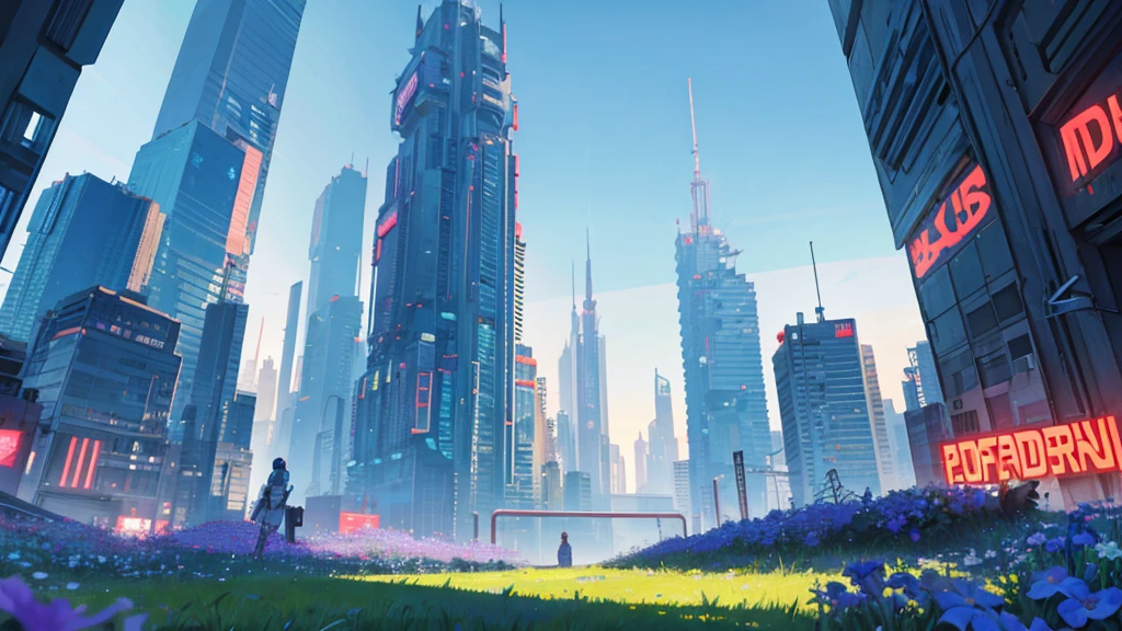 background cyberpunk city, under blue clear sky, in beautiful grass anf flower, high res, ultra sharp, 8k