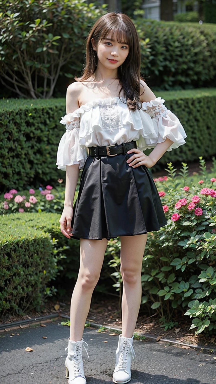 (8K、RAW Photos、Highest quality、masterpiece:1.2)、(Highest quality、Realistic)、1 Girl、((Frills、See-through、Off the shoulder、tights、pink and black mini skirt、Thin legs、whole body、boots、garden、View from the front、Looking into the camera、belt、Stand with hands on hips))、cute