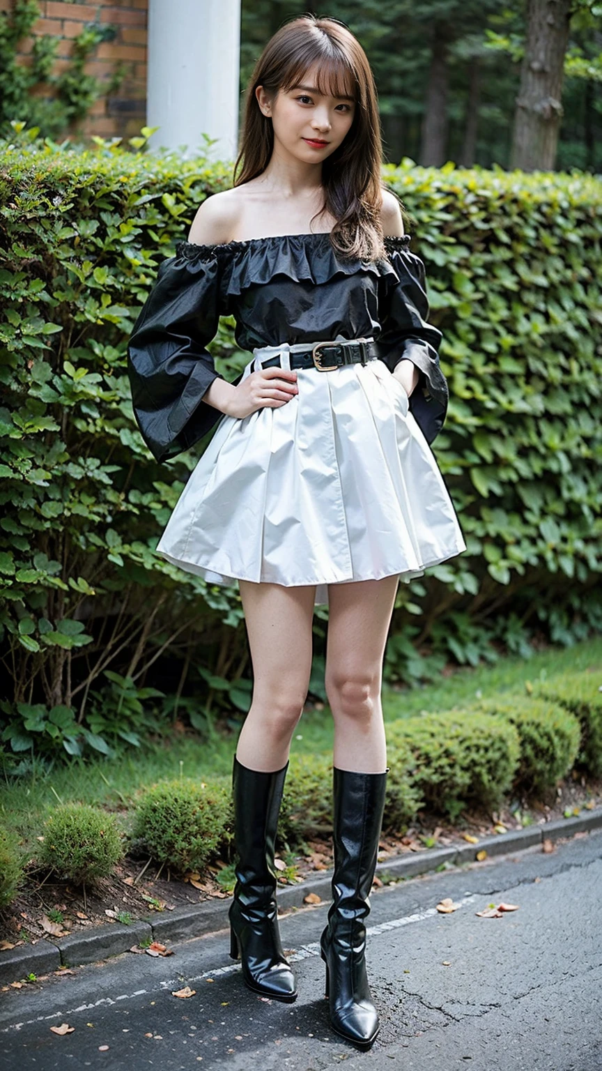 (8K、RAW Photos、Highest quality、masterpiece:1.2)、(Highest quality、Realistic)、1 Girl、((Frills、See-through、Off the shoulder、tights、pink and black mini skirt、Thin legs、whole body、boots、garden、View from the front、Looking into the camera、belt、Stand with hands on hips))、cute