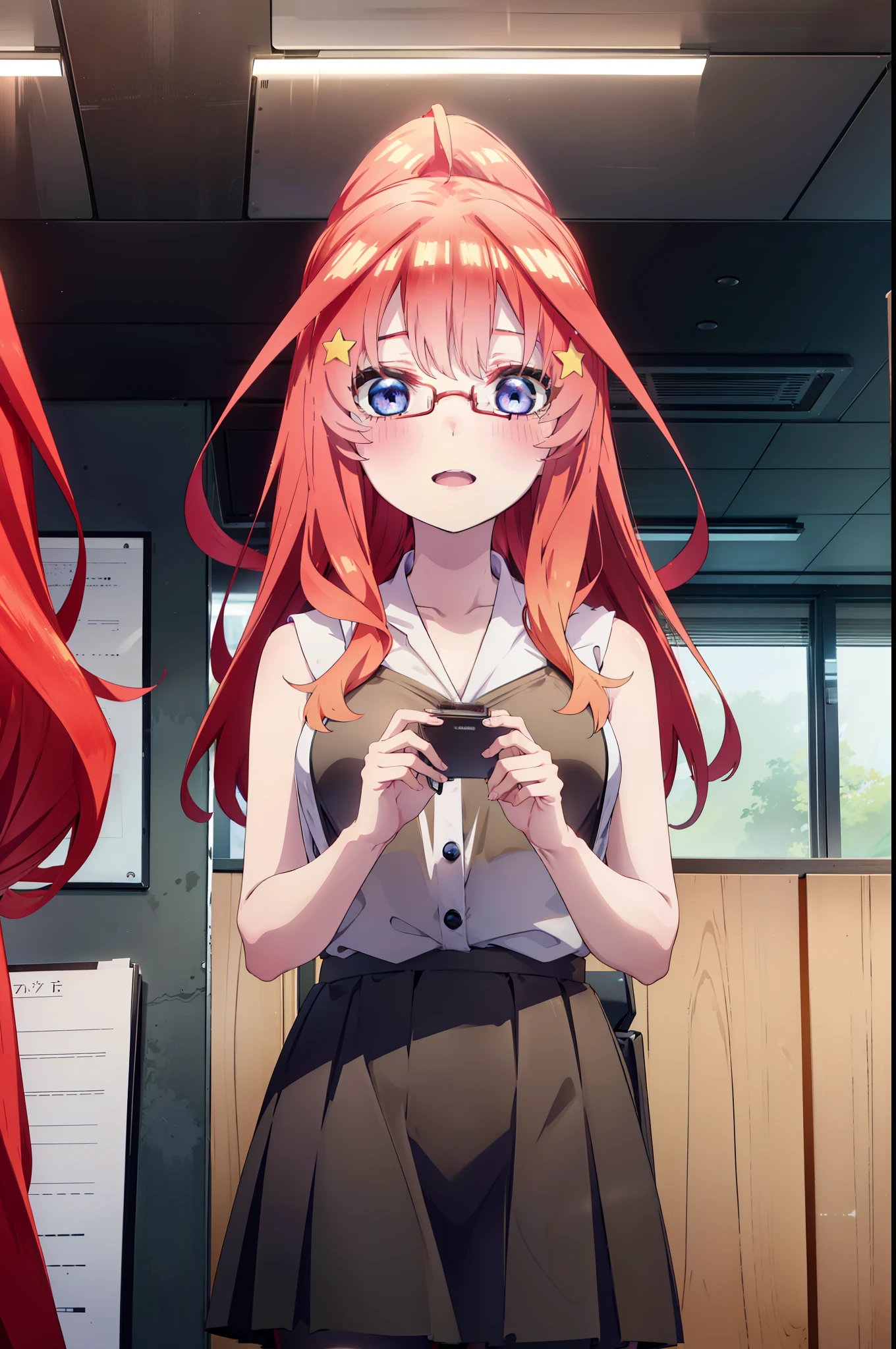 itsukinakano, itsuki nakano, bangs, blue eyes, Hair between the eyes, Ahoge, Redhead, star \(symbol\), hair ornaments, star hair ornaments,smile,blush,Open your mouth,ponytail,Red-rimmed glasses,Cold Shoulder Shirt,Long skirt,Black pantyhose,Stiletto heels,Are standing,There is a computer on the table,interior,Chair,whole bodyがイラストに入るように,
break indoors, office,
break looking at viewer, whole body,
break (masterpiece:1.2), Highest quality, High resolution, unity 8k wallpaper, (figure:0.8), (Beautiful attention to detail:1.6), Highly detailed face, Perfect lighting, Highly detailed CG, (Perfect hands, Perfect Anatomy),