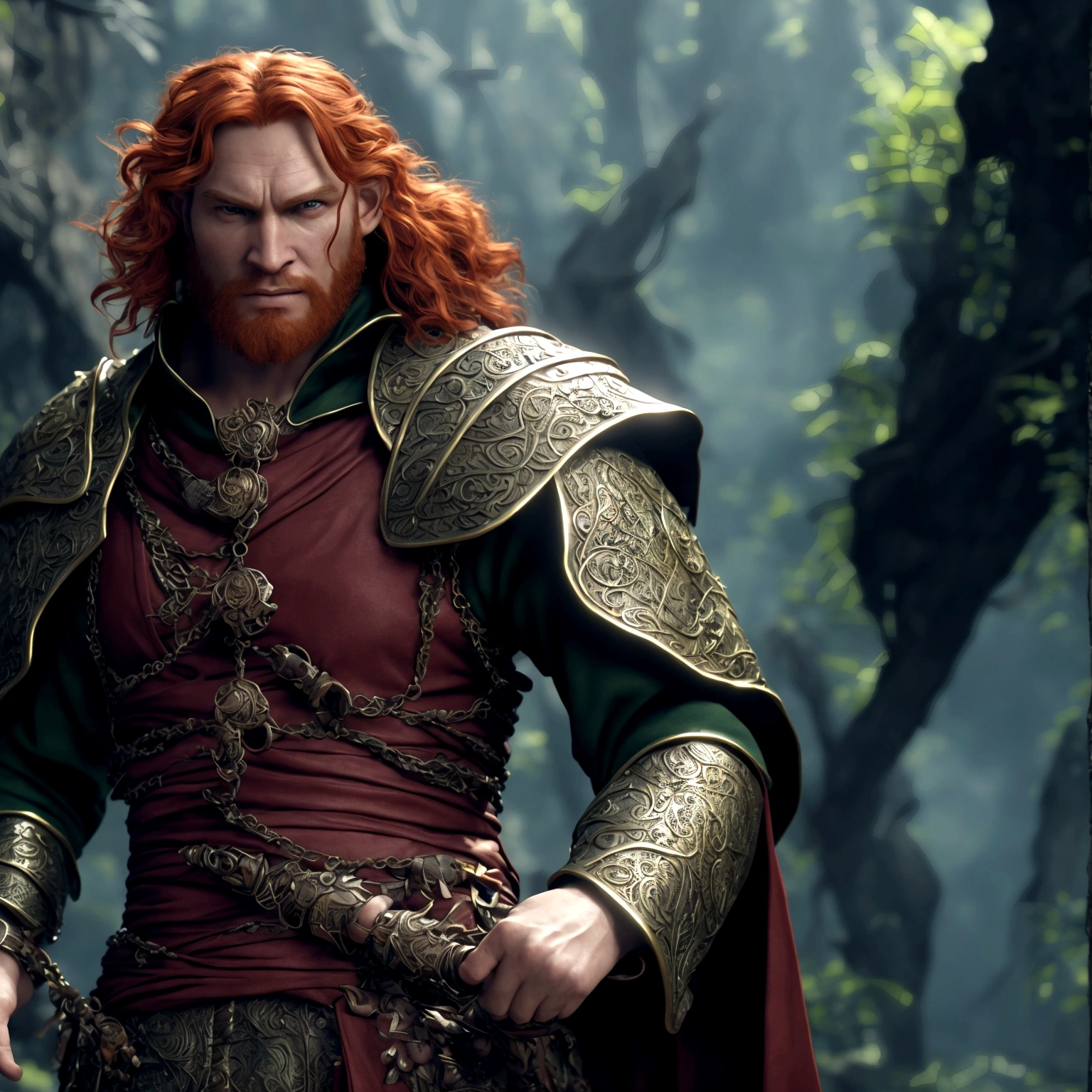Strong and robust man, medium red hair, green eyes, chain mail, green earrings, sun amulet, cleric's robe, calm expression, relaxed pose, centralized character, "Design inspired by the fantasy world of D&D, with dramatic and impressive lighting, full of creative details. Ultra-fine 3D design, presenting magical and intricate scenery, incredible scenery. Boasting clarity of Animation resolution, HD graphics, high-quality rendering, high-octane rendering"