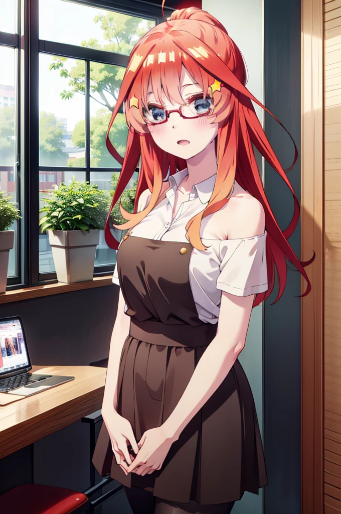 itsukinakano, itsuki nakano, bangs, blue eyes, Hair between the eyes, Ahoge, Redhead, star \(symbol\), hair ornaments, star hair ornaments,smile,blush,Open your mouth,ponytail,Red-rimmed glasses,Cold Shoulder Shirt,Long skirt,Black hose,Stiletto heels,Are standing,There is a computer on the table,interior,Chair,whole bodyがイラストに入るように,
break indoors, office,
break looking at viewer, whole body,
break (masterpiece:1.2), Highest quality, High resolution, unity 8k wallpaper, (figure:0.8), (Beautiful attention to detail:1.6), Highly detailed face, Perfect lighting, Highly detailed CG, (Perfect hands, Perfect Anatomy),