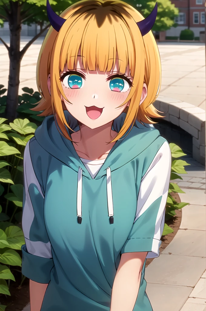 Highest quality, masterpiece, detailed, memcho, Open your mouth, A slight blush, :3, smile, short hair, Blonde, Multicolored Hair, Aqua Eye, Blunt bangs, horn, 
 
	hoodie
.Are standing, Looking at the audience, (Day:1.2), garden, Outdoor
