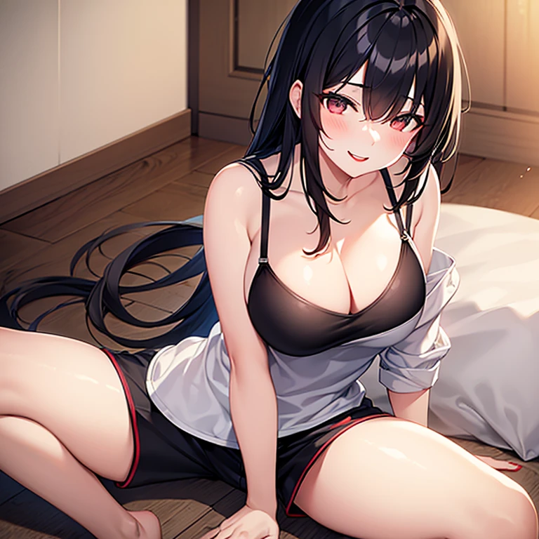 tomboy girl wear sleepwear with large breasts, bra, short pants, long bangs, bangs cover eyes, smile, red lips, black hair, long hair, large breasts, at lawson, night, sit on floor, 
