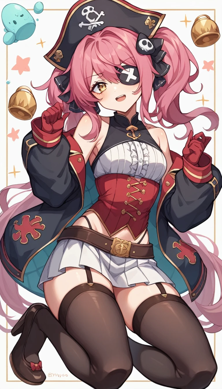 The character is a slender young woman.。She has reddish pink hair、Some of the hair is dyed white.、She has her hair styled in long twin tails.。She has a big pirate hat、Wearing a black jacket。The jacket is decorated with gold、It also has shoulder straps。Her outfit is sexy、Red bustier and mini skirt、Black Stockings、She is wearing brown high heels。Also、He has an eyepatch on one eye、He has a mischievous look on his face.。The background is white。