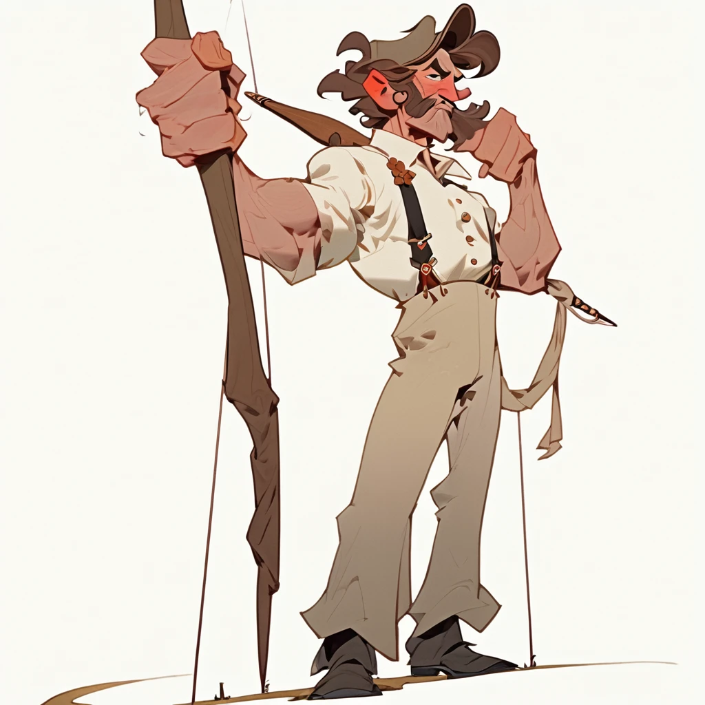 1man, Old West, cartoon, Brown wavy hair, big hair, strong Body, white dress shirt with, black suspender, faded black pants patched, Beret, thin big mustache, cheek spot, Arrogant, young adult, Muscular, full body, Holding a bow and arrow