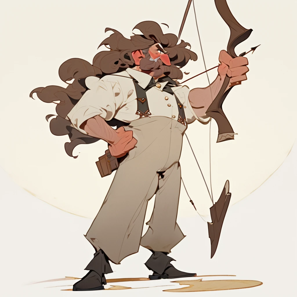 1man, Old West, cartoon, Brown wavy hair, big hair, strong Body, white dress shirt with, black suspender, faded black pants patched, Beret, thin big mustache, cheek spot, Arrogant, young adult, Muscular, full body, Holding a bow and arrow