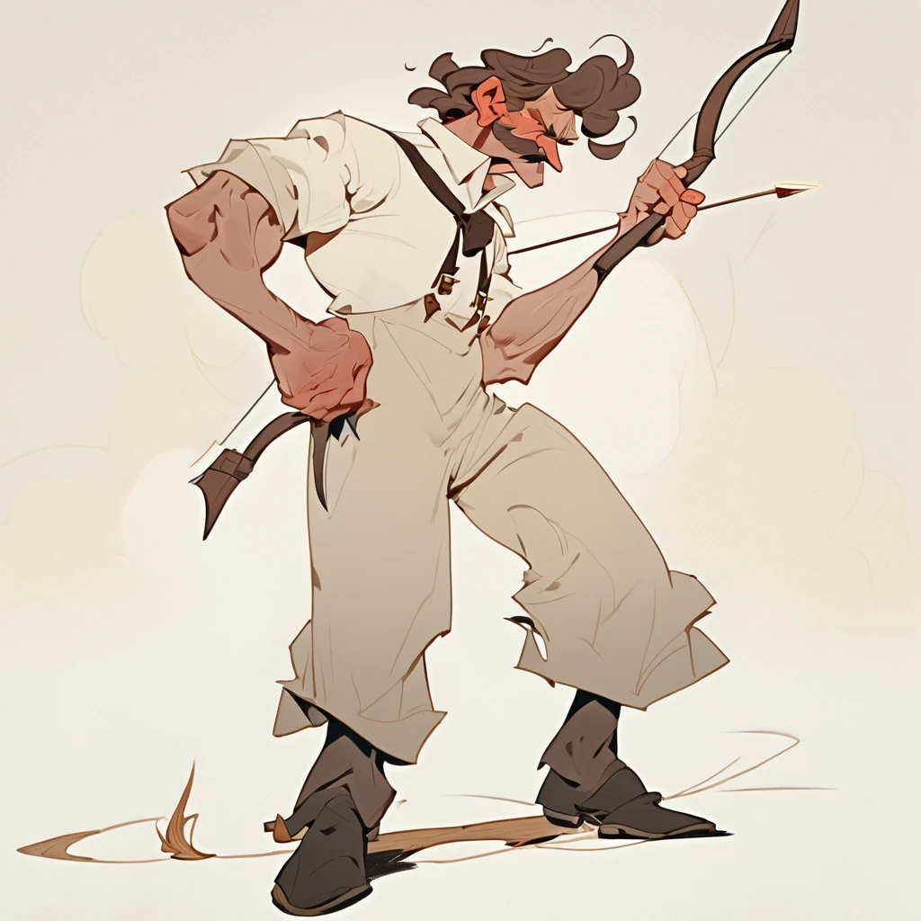 1man, Old West, cartoon, Brown wavy hair, big hair, strong Body, white dress shirt with, black suspender, faded black pants patched, Beret, thin big mustache, cheek spot, Arrogant, young adult, Muscular, full body, Holding a bow and arrow