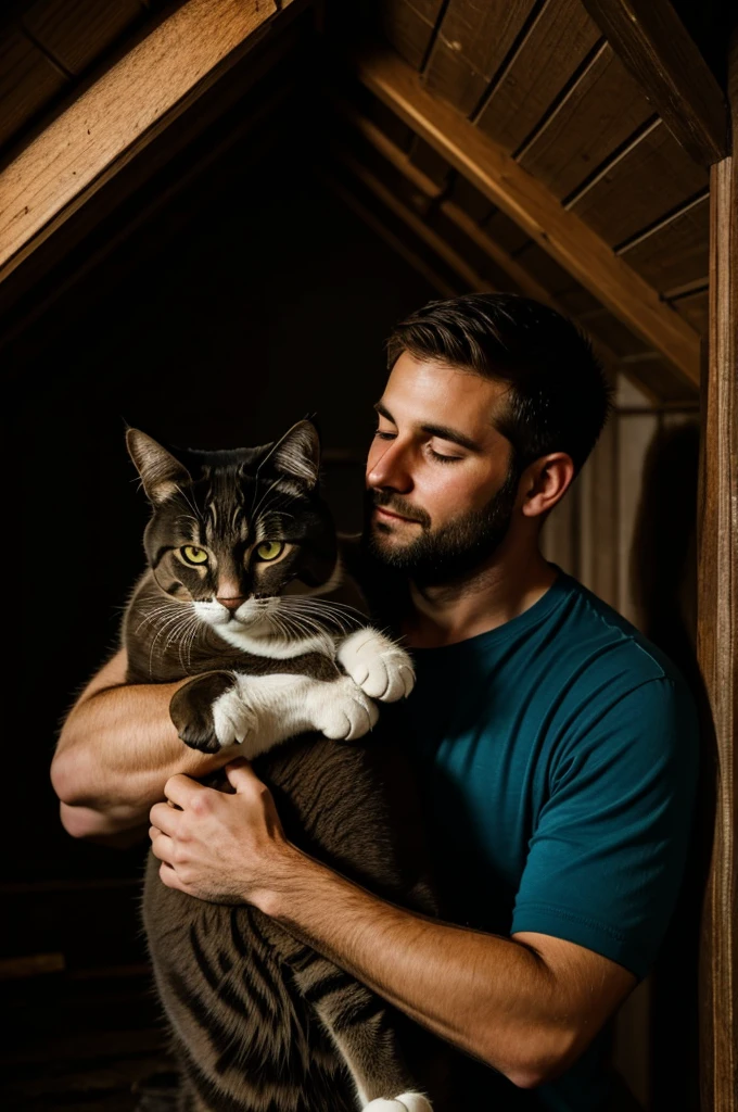 A 30-year-old man tenderly hugging a cat in a dark attic