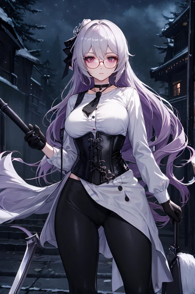 Masterpiece, Beautiful art, professional artist, 8k, detailed body, Very detailed face, very detailed eyes, Detailed clothing, detailed fabric, Best Quality, better resolution, 1 girl, bronya zaychik \(Honkai Impact 3rd\), front view, standing, big breasts, serious expression,  At night , long silver hair, glasses, choker:1.6, (white long sleeve button down shirt with white collar), (shiny black corset), black gloves that cover your hands, holding an ax with his hand, (shiny black leggings), looking at the viewer, dark forest, Atmosphere, fog, At night