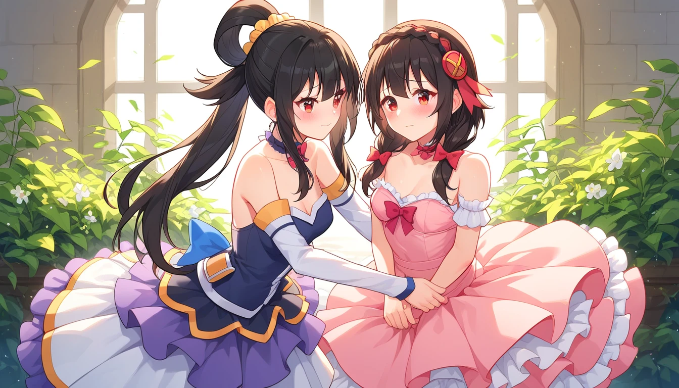 ((2girls:1.3)), ((moe style:1.3)), ((standing:1.3)), ((tutu:1.3)), ((ballroom dance:1.3)), yuri, ((black hair:1.3)), megumin (konosuba), yunyun (konosuba), ((shy:1.3)), blush, ((perfect face)), ((extremely cute:1.3)), ((masterpiece:1.3)), ((8k)), ((best quality:1.3)), ((beautiful)), ((extremely detailed:1.3)) , ((absurdres)), AddXL, ((score_9:1.3)), ((score_8_up:1.3)), ((score_7_up:1.3)), Expressiveh