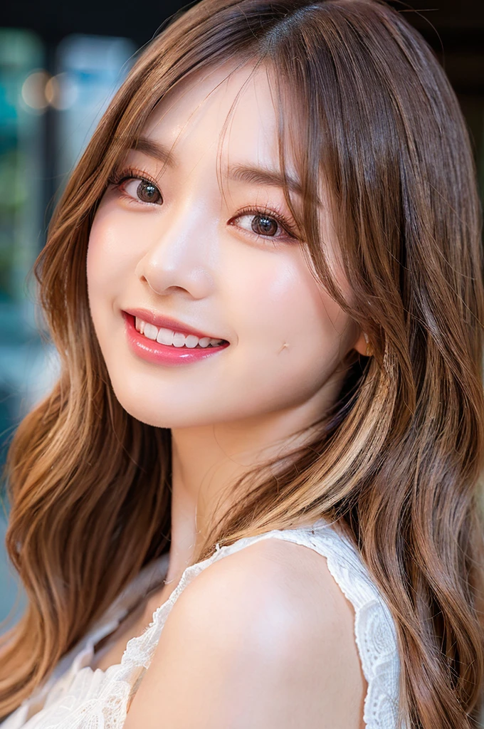 (((big laugh))), high-level image quality、20 year old Korean girl photo, raw, cute face, (Extra-long wavy blonde hair), ((Portrait)), ((Detailed face:1.2)), ((A detailed face Characterized by fine skin), pale skin, , (cold color), moist, moist, reflector stay piece) (perfectly proportions)(photos realistic)(Best Quality) photographed in a Canon EOS R5, 50mm Lens,(8K), very long upper eyelashes、Very long lower eyelashes、Detailed lashes、Curled eyelashes、eyelash perm、Beautiful lashes, Glamorous makeup、Natural eyes、Oku Duplex、very beautiful eyelashes