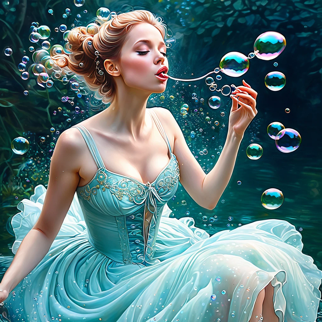 a painting of a woman in a dress blowing bubbles that look like penises, loish and wlop, ethereal bubbles, moebius + loish + wlop, dreamy and detailed, intricate wlop, closeup fantasy with water magic, fairytale artwork, fairytale painting, in style of anna dittmann, wlop art, realistic fantasy painting, artgerm julie bell beeple