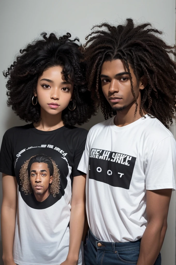 Chat GPT make a picture of a light black man 1,87 tall, 19yearsold, medium curly hair, Scrawny, with a t-shirt with the print of the LOL character Yone and a brown woman aged 1,63, aged 17, without much chest, medium size body, big-ass, medium wavy hair on his side