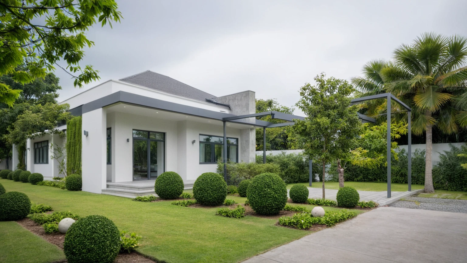 A wide angle shot shows the front view of a contemporary two-story villa with white walls and glass windows, design by Tadao ando,surrounded by lush greenery, adorned with vibrant tropical plants,architecture photography award, iwan baan, Taken on a Canon EOS R5 using a Canon RF 24-70mm f/2.8L IS USM lens at an F3.2 aperture setting in the style of Canon --ar 16:9 --c 5 --s 50 --v 6.0