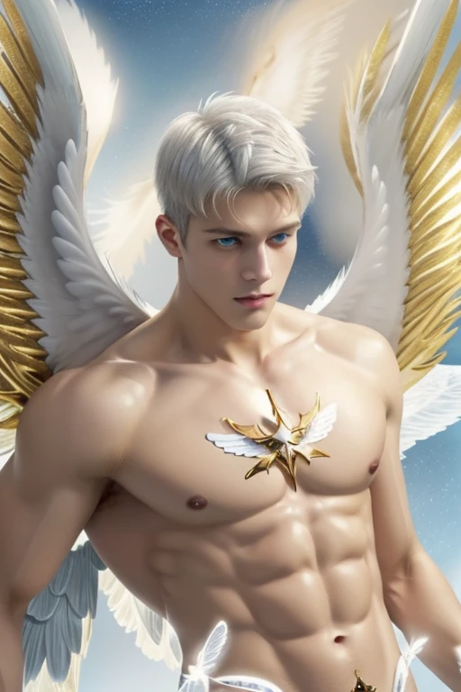 Full body shot (close-up:1.5),muscle,menstoga,in white and gold costume, male focus, solo, 1boy, ( shoulders),looking at viewer, ice blue eyes,,(Seraphim:1.5), (multiple wings:1.5), in the sky, (floating:1.3), (midair:1.5), cloudan with wings), angel wings, glowing, bloom, platinum hair, outdoors, stars,golden feathers, (gold magic swirling),(Masculine face:1.2), half body shot 