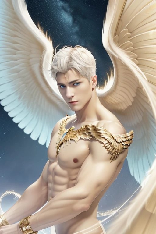 Full body shot (close-up:1.5),muscle,menstoga,in white and gold costume, male focus, solo, 1boy, (bare shoulders),looking at viewer, ice blue eyes,nude,(Seraphim:1.5), (multiple wings:1.5), in the sky, (floating:1.3), (midair:1.5), cloudan with wings), angel wings, glowing, bloom, platinum hair, outdoors, stars,golden feathers, (gold magic swirling),(Masculine face:1.2), half body shot 