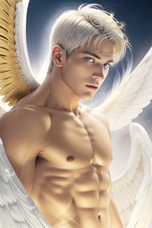 Full body shot (close-up:1.5),muscle,menstoga,in white and gold costume, male focus, solo, 1boy, (bare shoulders),looking at viewer, ice blue eyes,nude,(Seraphim:1.5), (multiple wings:1.5), in the sky, (floating:1.3), (midair:1.5), cloudan with wings), angel wings, glowing, bloom, platinum hair, outdoors, stars,golden feathers, (gold magic swirling),(Masculine face:1.2), half body shot