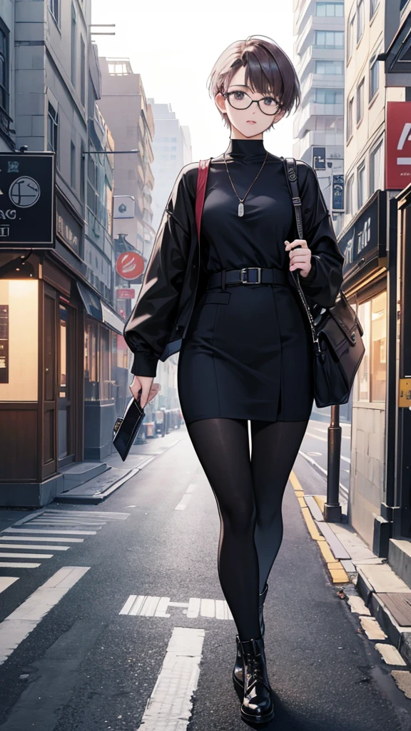 **background**:A cityscape equipped with 5G networks、Part of a smart city
**woman**:short hair、ファッショナブルなストリートスタイルを着た若いwomanが、Walking around wearing AR glasses