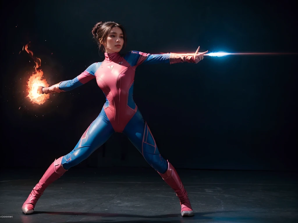 1girl, a superhero, blue-white-pink half-bodysuit, tight bodysuit, with fire-bender power, in fighting scene, octane rendering, epic details, cinematic lights, magic ricochets, looks angry, in the air,  in a distant, full body, 