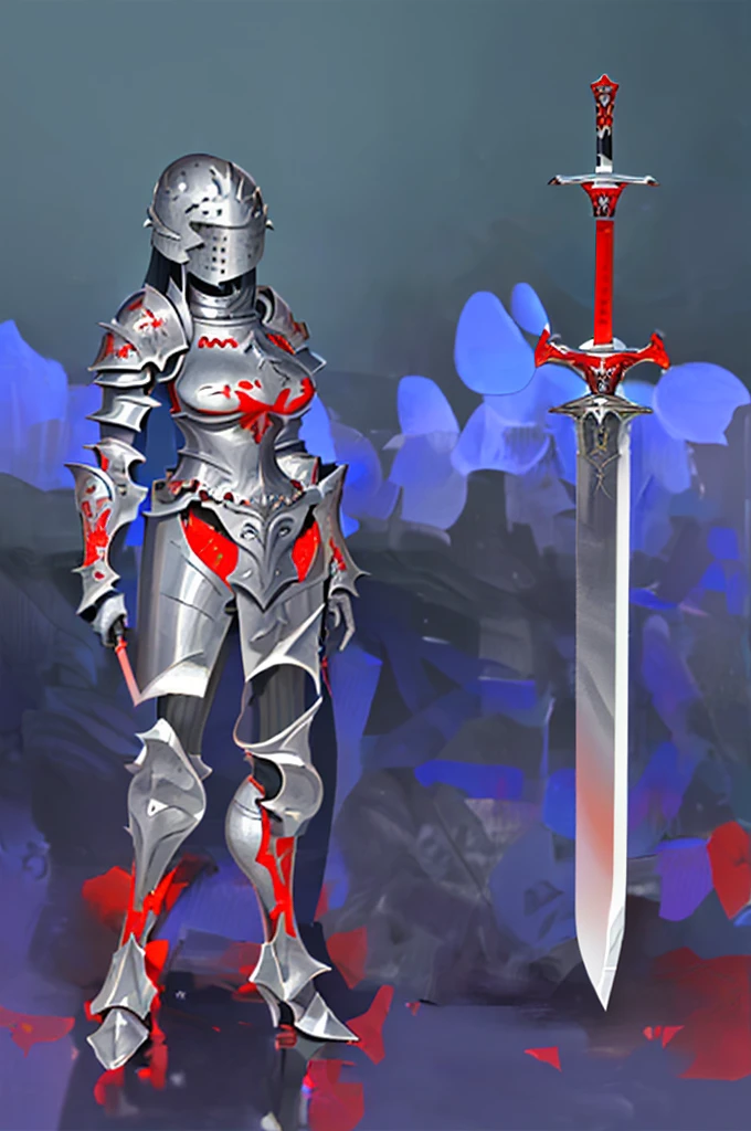 (masterpiece), best quality, 1Girl, standing, master piece, full body character concept, full body character design, full body concept art, Knight, face hidden by Armor helmet, Gray armor, Red Pattern, swordman, detailed armor, knight, holding big sword, Red symbol, full Gray armor body, Detailed helmet knight, full armor, big boob