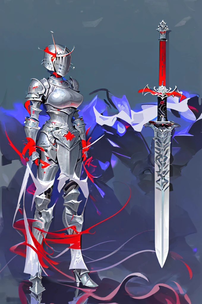 (masterpiece), best quality, 1Girl, standing, master piece, full body character concept, full body character design, full body concept art, Knight, face hidden by Armor helmet, Gray armor, Red Pattern, swordman, detailed armor, knight, holding big sword, Red symbol, full Gray armor body, Detailed helmet knight, full armor, big boob