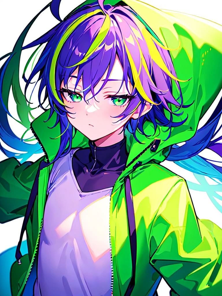 [(WHITE BACKGROUND:1.5),::5], ((((masterpiece)))), high quality, ultra very high resolution, full color, (((solo))), (()), Purple hair, ((Green streaked hair)), (Green eyes), anime, ((upper body)), neon light, black parka, 