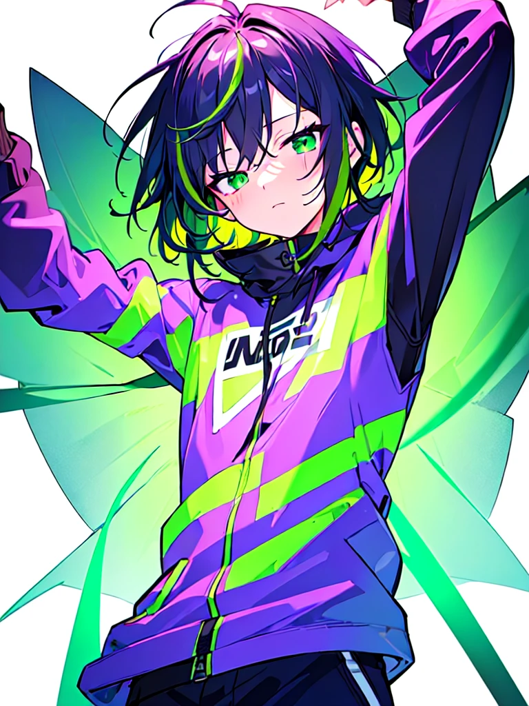 [(WHITE BACKGROUND:1.5),::5], ((((masterpiece)))), high quality, ultra very high resolution, full color, (((solo))), ((little boy)), Purple hair, ((Green streaked hair)), (Green eyes), anime, ((upper body)), neon light, black parka, 