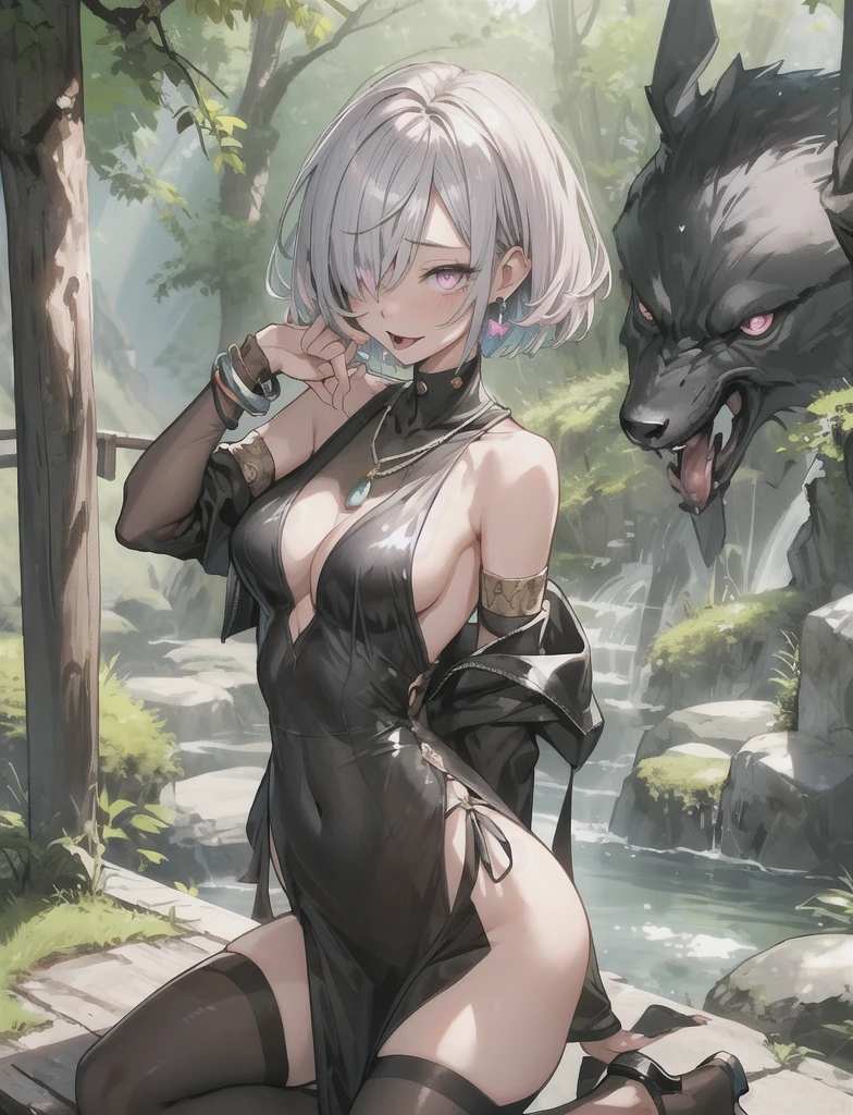 (Highest quality、High resolution、8K、masterpiece:1.2)。Look away、Open your mouth、Pink Eyes、Silver Hair、Heart shaped pupil、teeth、tongue、tongueを出す、（Original Character, (1 Girl)、Perfect Face、((short hair:1.2))、(Hair above one eye:1.3)、[[Disheveled Hair]]、colorfulな髪、Detailed eyes that shine、Light and shadow、Glowing Skin、 (Curvy but slim), ((High angle shot))、Sexy look、Use something sexy、（background：Mountain、岩Mountain、forest、nature）Full body、bracelet、necklace、Wild 、Wild childスタイル、Disheveled clothes、sunglasses、Follow the Silver Wolf、Tarzan、natureで育った、cyborg、colorful、
