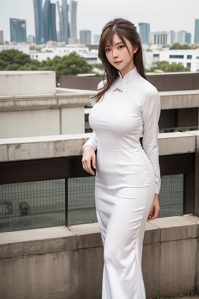 8K,high quality,high resolution,(tall),Plump,(Beautiful woman),(Brown Hair),(buzzer),(Cityscape),(White Ao Dai:1.3),(White ao dai:1.3),(Natural composition),(),(),(),(),(),,