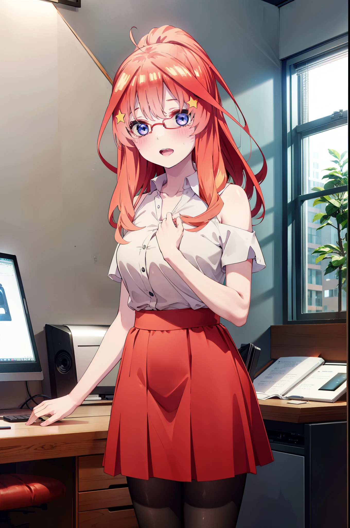 itsukinakano, itsuki nakano, bangs, blue eyes, Hair between the eyes, Ahoge, Redhead, star \(symbol\), hair ornaments, star hair ornaments,smile,blush,Open your mouth,ponytail,Red-rimmed glasses,Cold Shoulder Shirt,Long skirt,Black pantyhose,Stiletto heels,Are standing,There is a computer on the table,interior,Chair,whole bodyがイラストに入るように,
break indoors, office,
break looking at viewer, whole body,
break (masterpiece:1.2), Highest quality, High resolution, unity 8k wallpaper, (figure:0.8), (Beautiful attention to detail:1.6), Highly detailed face, Perfect lighting, Highly detailed CG, (Perfect hands, Perfect Anatomy),