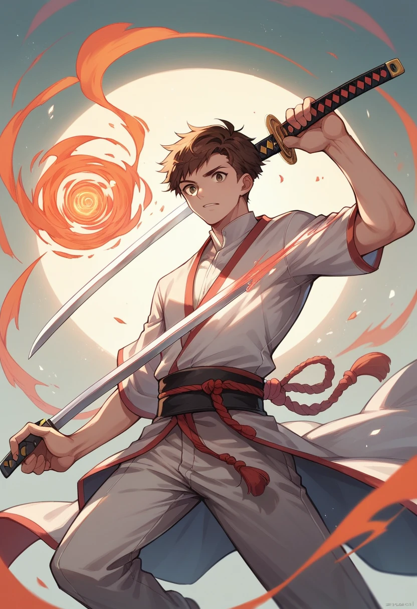 Man, teenager, brown eyes, brown hair, short hair, , white clothes, holding a katana sword, magic, sorcerer, magic world, high tech world