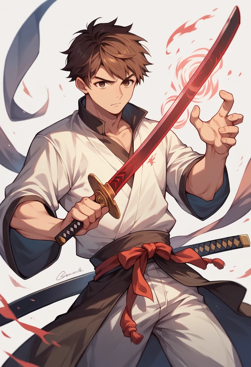 Man, teenager, brown eyes, brown hair, short hair, , white clothes, holding a katana sword, magic, sorcerer, magic world, high tech world