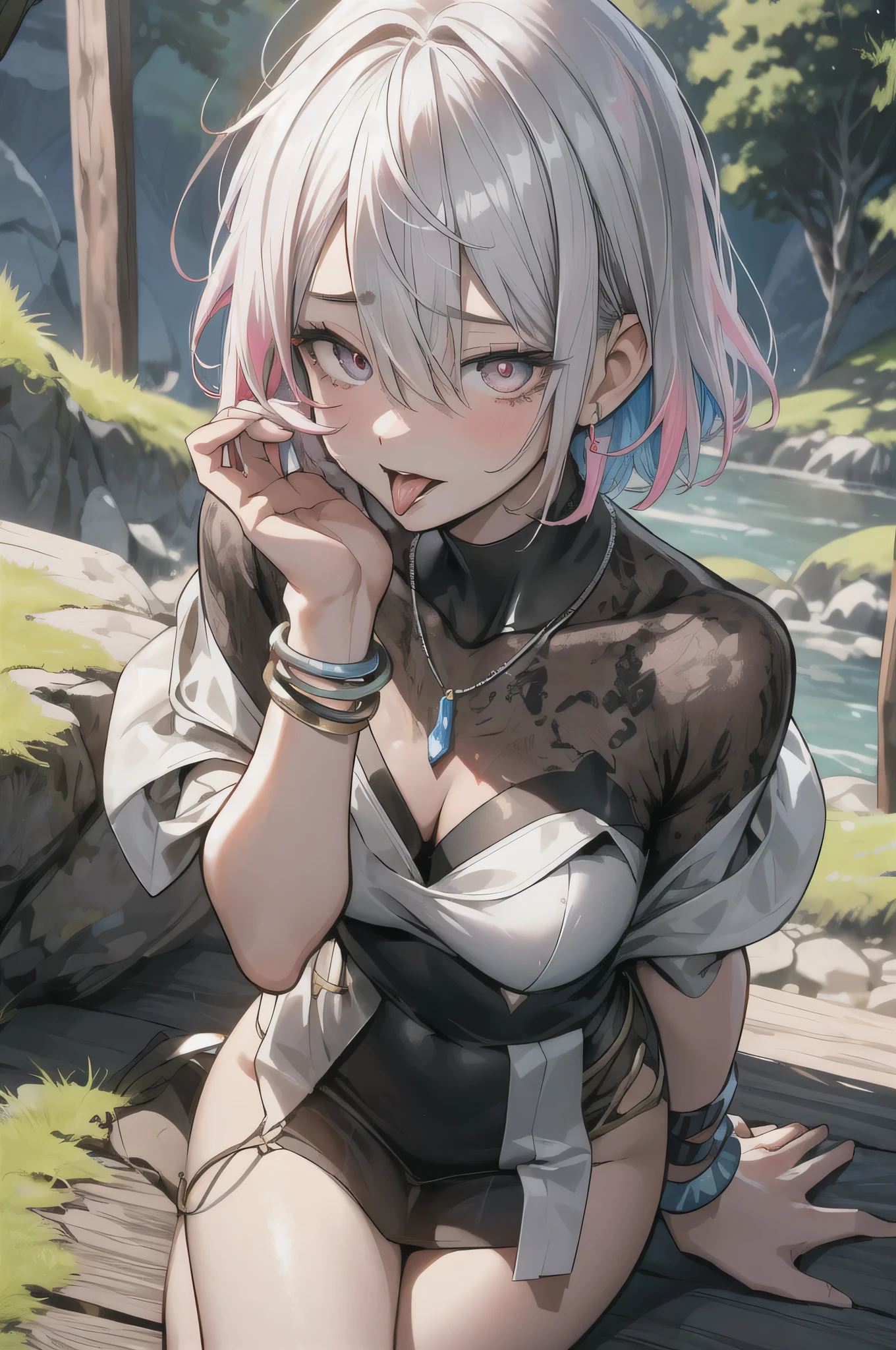 (Highest quality、High resolution、8K、masterpiece:1.2)。Look away、Open your mouth、Pink Eyes、Silver Hair、Heart shaped pupil、teeth、tongue、tongueを出す、（Original Character, (1 Girl)、Perfect Face、((short hair:1.2))、(Hair above one eye:1.3)、[[Disheveled Hair]]、colorfulな髪、Detailed eyes that shine、Light and shadow、Glowing Skin、 (Curvy but slim), ((High angle shot))、Sexy look、Use something sexy、（background：Mountain、岩Mountain、forest、nature）Full body、bracelet、necklace、Wild child、Wild childスタイル、Disheveled clothes、sunglasses、Follow the Silver Wolf、Tarzan、natureで育った、cyborg、colorful、
