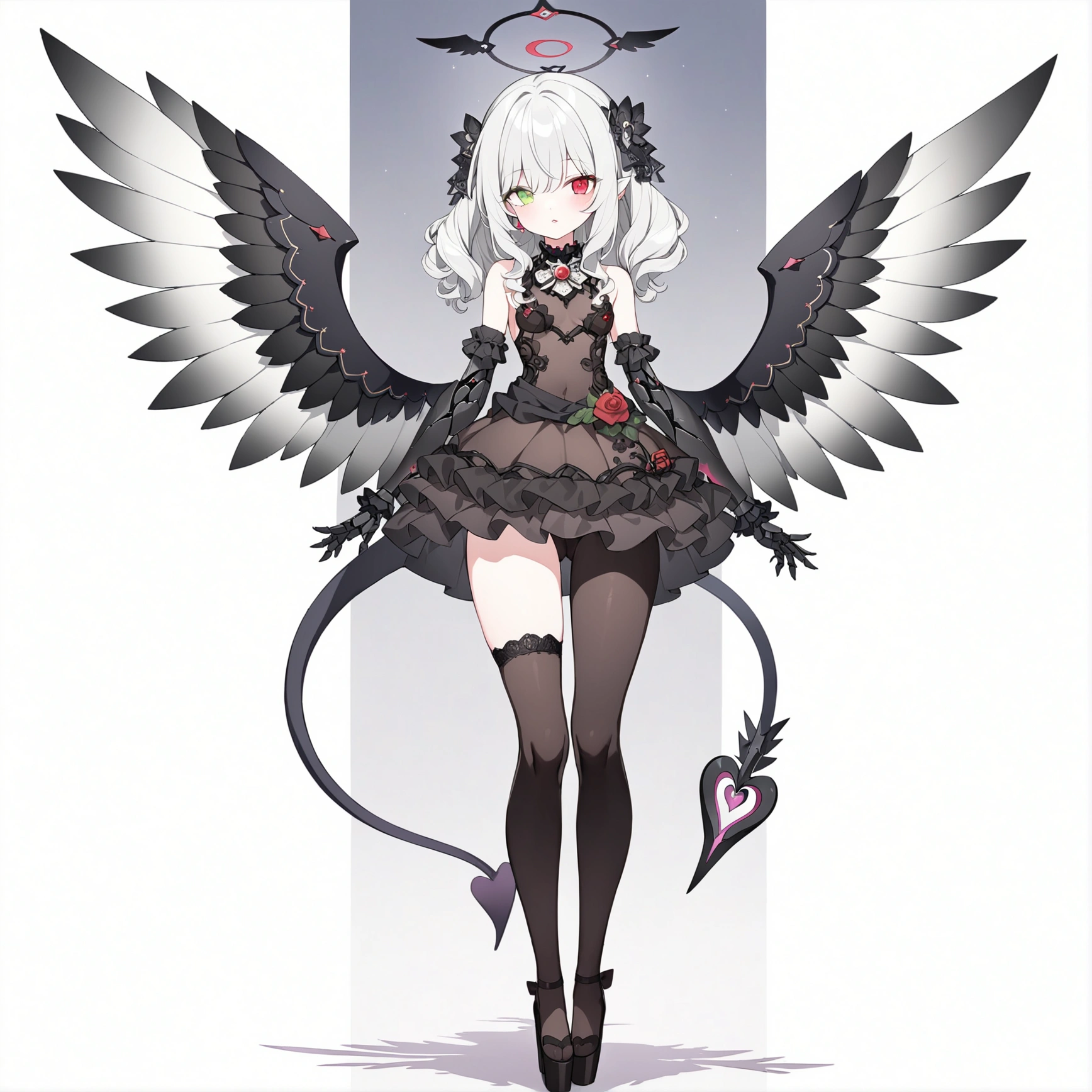 woman 160 cm tall, slim build. (character design sheet: front view). Thigh Length Gray Hair, wavy hair with curls. (heterochromia: one light green eye and one amber eye). rose-shaped brooch on the right side of the hair. extremely detailed face, small face, Beautiful detailed eyes, beautiful detailed lips. adorable, extremely detailed legs, (Best Quality, 4k, 8k, high resolution), ultra detailed, Exquisite and epic character art. Black high stockings with gold star patterns.. Black platform heels, Intricate One Piece Low Waist Ruffle Lace Dress. (It has complex mechanical arms that reach up to a black forearm with small red spike patterns.). dark gray belt at the waist with a small blue crescent, black necklace on the neck with rose-shaped decoration. He has small angel wings on his back that are dark blue and black.. Has a detailed succubus tail that ends in a heart shape.. Wide hips. Wears a luminous gray and black halo with rose patterns.. (small chest size). beautiful detailed wings. beautiful detailed hair, beautiful detailed dress. extremely detailed arms.