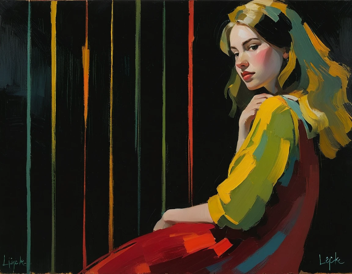 Create an evocative oil painting inspired by Malcolm Liepke, light smile Capture the intense, introspective expression of the young subject using thick, expressive brushstrokes and a muted color palette. Highlight the emotional depth and vulnerability in the subject's gaze, emphasizing the play of light and shadow on their face. Maintain a simple, textured background that complements the subject's contemplative presence. Focus on the tactile quality of the oil paint to convey the raw emotion and intimacy characteristic of Liepke's style. colorful