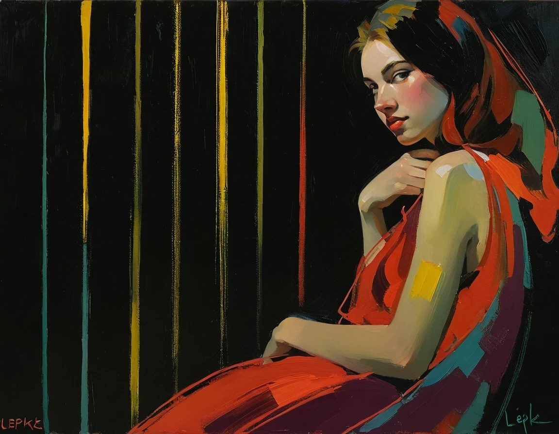 Create an evocative oil painting inspired by Malcolm Liepke, light smile Capture the intense, introspective expression of the young subject using thick, expressive brushstrokes and a muted color palette. Highlight the emotional depth and vulnerability in the subject's gaze, emphasizing the play of light and shadow on their face. Maintain a simple, textured background that complements the subject's contemplative presence. Focus on the tactile quality of the oil paint to convey the raw emotion and intimacy characteristic of Liepke's style. colorful