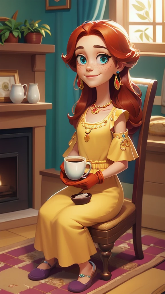 (whole body:1.5),Mid-Long View,carpet,Puppy on the floor,shoe,Concept Art,character illustration of a,European and American cartoons,一个20岁的金发女生悠闲的sit在living room,Holding a cup of coffee,A laid-back expression,Relax,Leisure,Leisure,European and American cartoons,1 Girl,freckle,Solitary,Jewelry,Green Eyes,Weaving,earrings,twin Weavings,necklace,Looking at the audience,Red hair,breast,Vague,plant,Short sleeve,Vague background,diaphragm,Upper Body,Puff sleeves,bracelet,Smile,Long hair,puffy Short sleeve,Necklace,Umbilical cord,Top of crop,dress,flower,Coffee cup,Gloves,earrings,Jewelry,肘部Gloves,cup,blue eyes,Long hair,蓝色dress,sit,Chair,window,cake,小cake,sofa,living room,solo