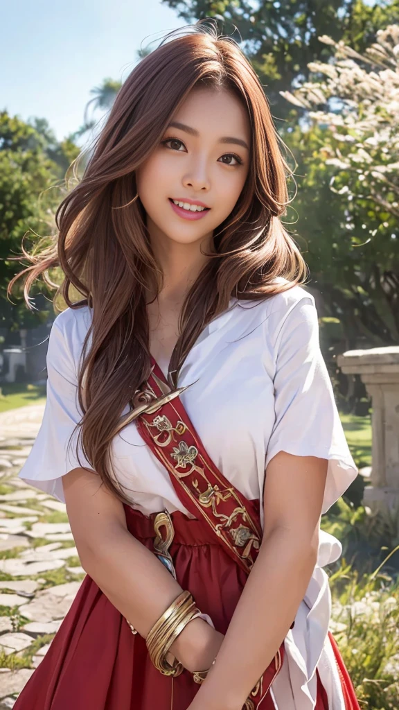 (top-quality:1.1)、(Photorealsitic:1.1)、(a picture:1.1)、(ighly detailed:1.1)、viewer、armlet、A smile that showed teeth、White teeth、a beautiful detailed girl、(extremely detailed eye and face)、(lighting on the face)、Summer Uniforms、(solo:1.5)、(shores、Light brown eyes、(((Hair fluttering in strong winds)))、((Anatomically perfectly balanced style))、Like a cute posed body、red brown hair