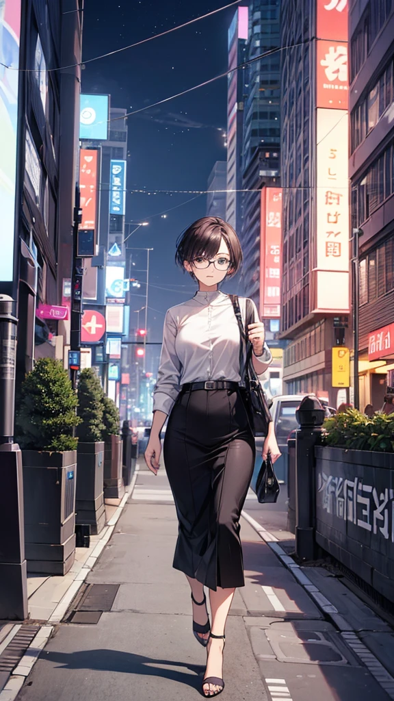 **background**：A cityscape equipped with 5G networks、Part of a smart city  
   **woman**：short hair、ファッショナブルなストリートスタイルを着た若いwomanが、Walking around wearing AR glasses