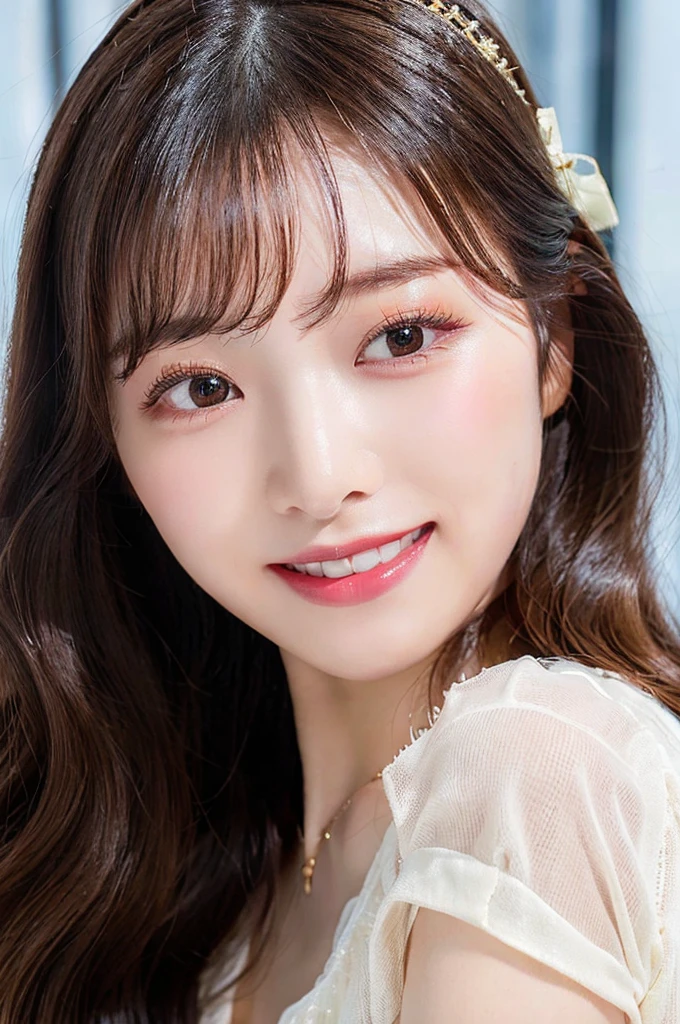 (((big laugh))), high-level image quality、20 year old Korean girl photo, raw, cute face, (Extra-long wavy hair), ((Portrait)), ((Detailed face:1.2)), ((A detailed face Characterized by fine skin), pale skin, , (cold color), moist, moist, reflector stay piece) (perfectly proportions)(photos realistic)(Best Quality) photographed in a Canon EOS R5, 50mm Lens,(8K), very long upper eyelashes、Very long lower eyelashes、Detailed lashes、Curled eyelashes、eyelash perm、Beautiful lashes, Glamorous makeup、Natural eyes、Oku Duplex、very beautiful eyelashes