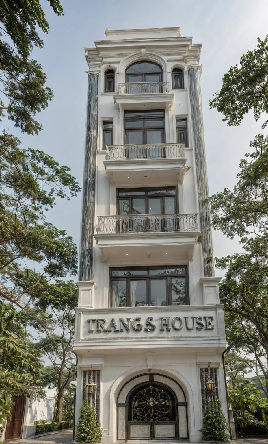 RAW photo,Exterior neo classic house, Inspired by French architecture, neo classic style, white, ((Highly detailed sculpted cornices at the tops of columns and walls)), French style roof, townhouse in residential area, The building is located in an urban area of Hanoi Vietnam, facing the road, (sidewalks), (sidewalk trees), (gate), (ultra realistic), (super high details:1.5), clean white sky, natural lighting, (curvilinear architecture:1.2), (sharpen:1.2), 8k uhd, dslr, soft lighting, high quality, film grain, Fujifilm XT3