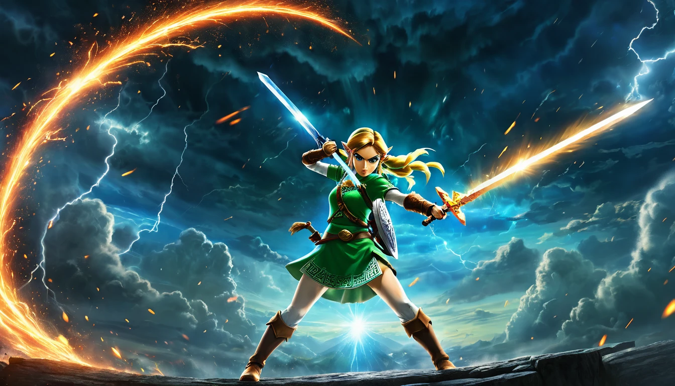 anime style, Zelda in the Triforce power, holding mythical sword, iconic battle stance, swinging the sword, fire trail motion swing, cinematic motion, epic realism,  surrounded by thunderstorm, hit as nebula explosion