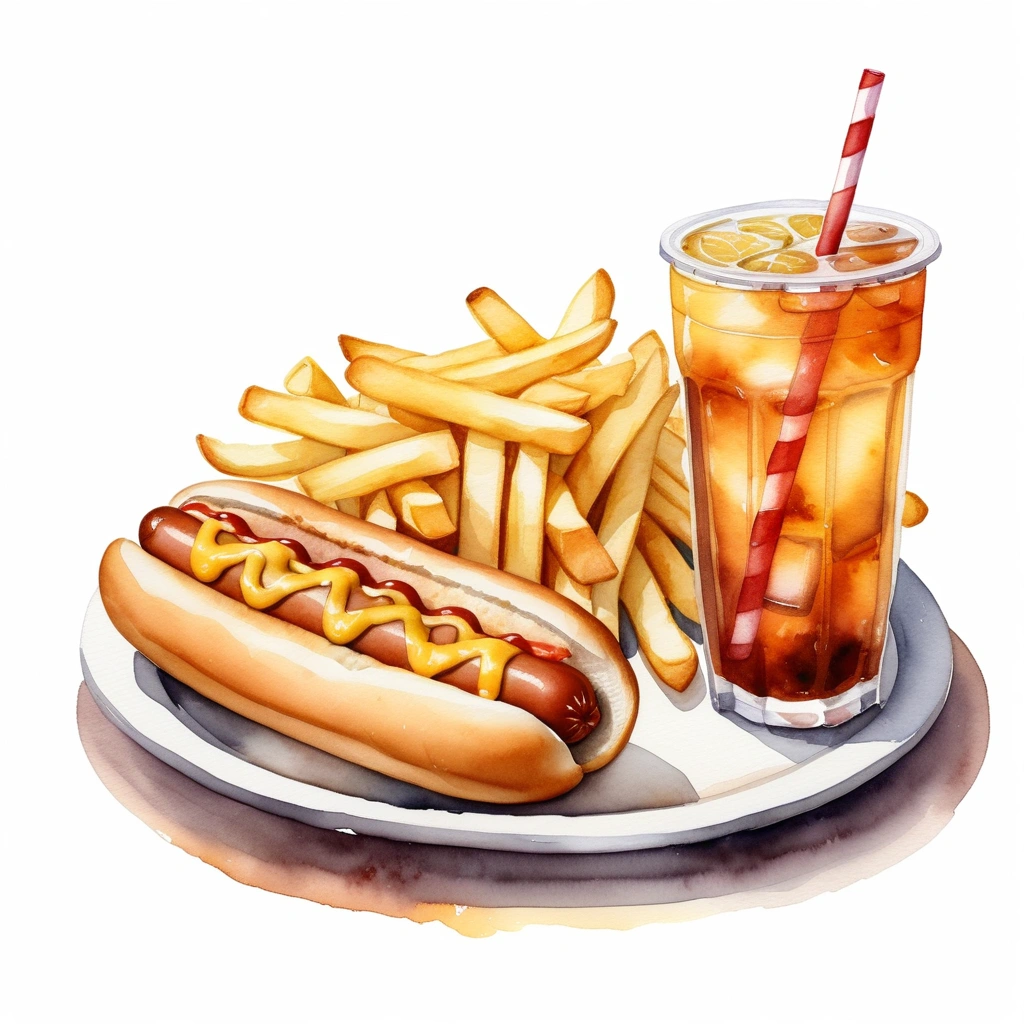 there is rattan plate with big and tall delicious hotdog with cheese, a lot of french fries, and one regular size glass of ice lemon tea with a straw, (watercolor), illustration, isolated with solid white background, surrounded with negative space, centered compositon, 8k, highly detailed painting, very precise painting
