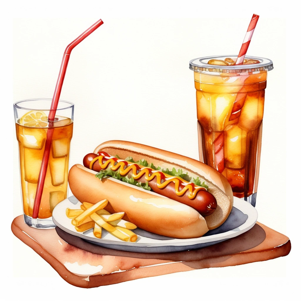 there is rattan plate with big and tall delicious hotdog with cheese, a lot of french fries, and one regular size glass of ice lemon tea with a straw, (watercolor), illustration, isolated with solid white background, surrounded with negative space, centered compositon, 8k, highly detailed painting, very precise painting
