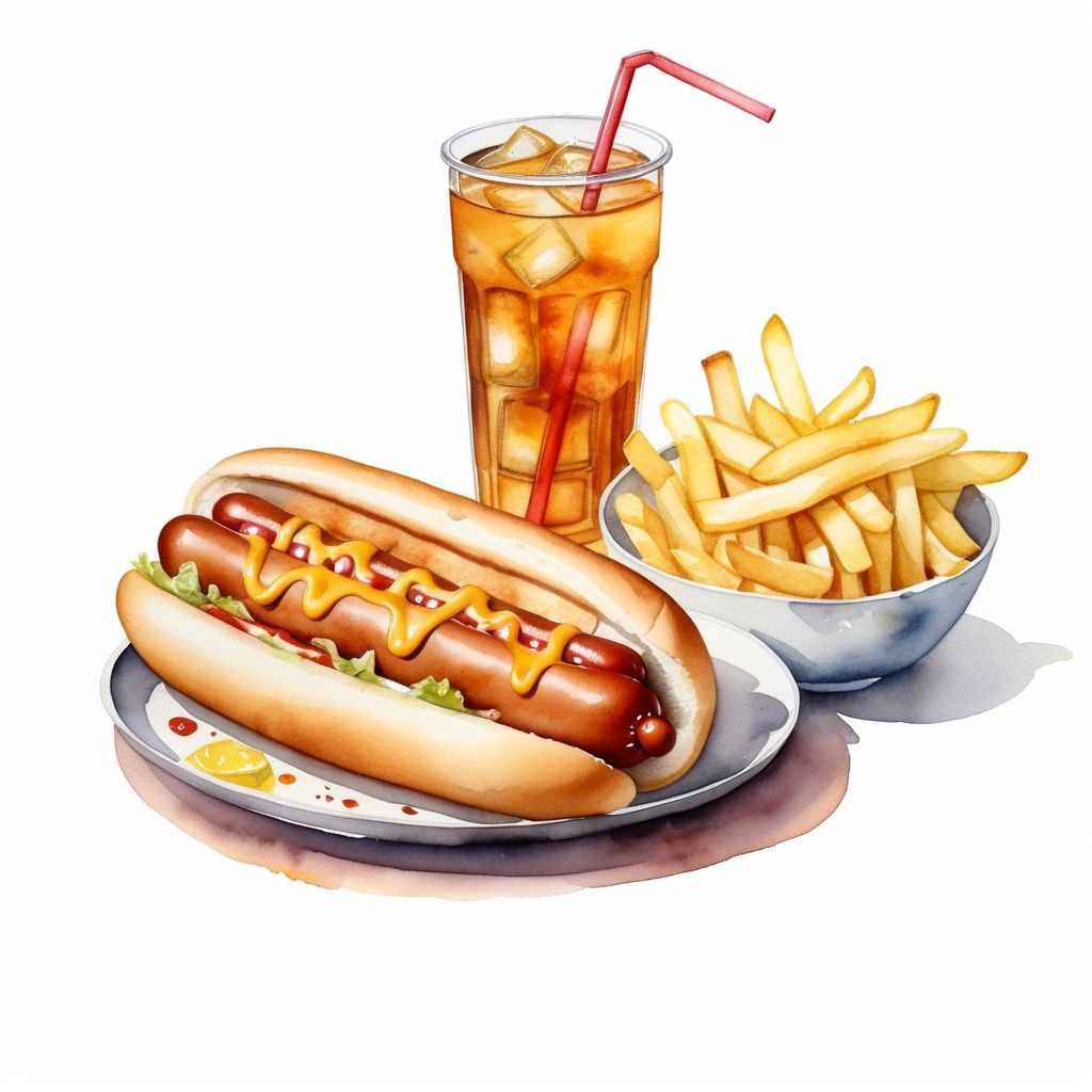 there is rattan plate with big and tall delicious hotdog with cheese, a lot of french fries, and one regular size glass of ice lemon tea with a straw, (watercolor), illustration, isolated with solid white background, surrounded with negative space, centered compositon, 8k, highly detailed painting, very precise painting