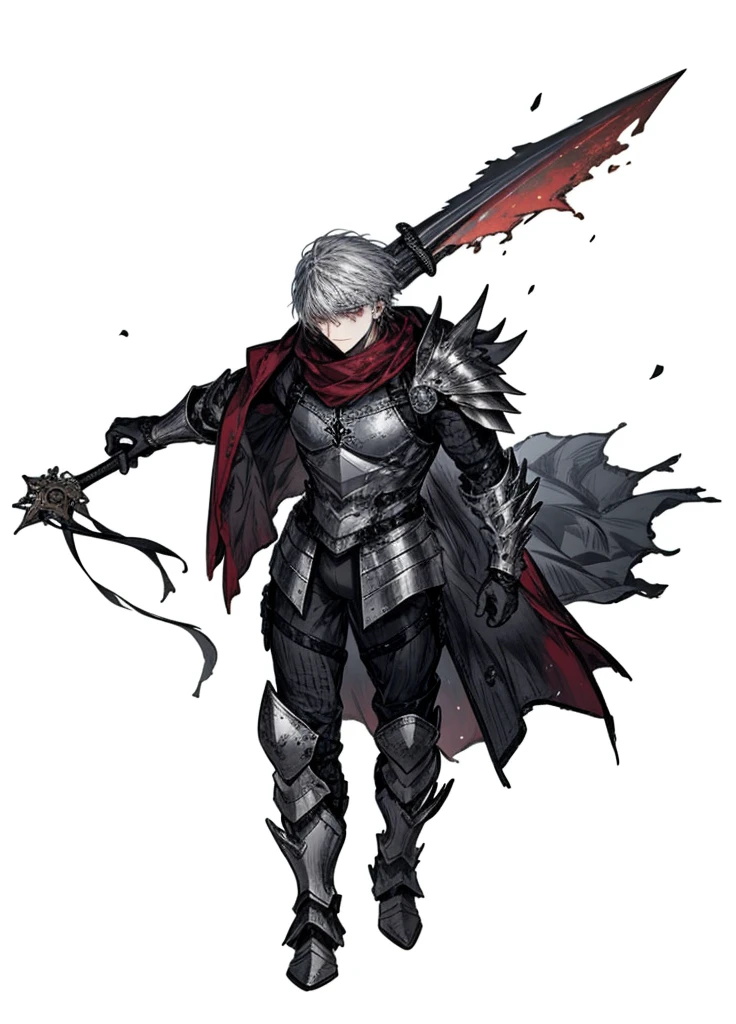 1boy ,Silver hair, silver eyes ,silver armor, mercenary, leather suit, weapon, sfw, beautiful clothes , (masterpiece, best quality) , sword, calm