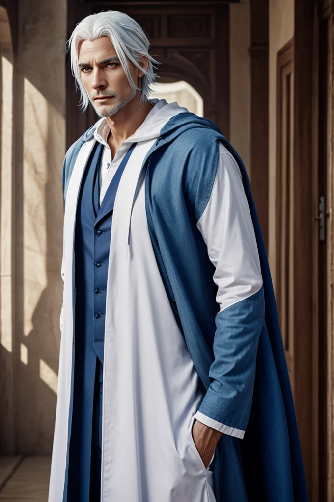 Tall man with blue eyes and white hair, ropa post-apocaliptica