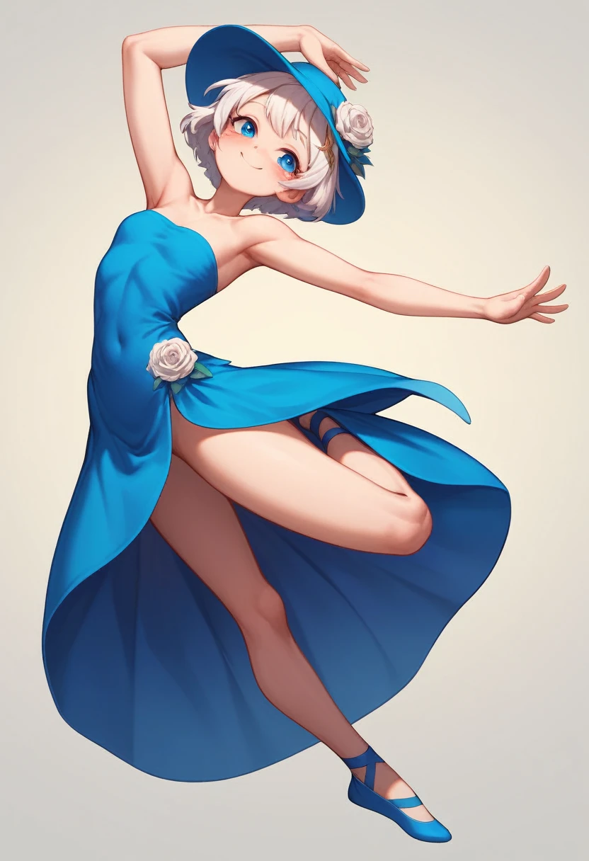 masterpiece, best quality, highrens, 4k resolution, minimalism, 1 girl,solo, , Furina, blue style, nature, cute eyes, short hair, ornament hair, white hair, blue dress, hat, blushing, smile, dancing,  ballerina, blue theme 