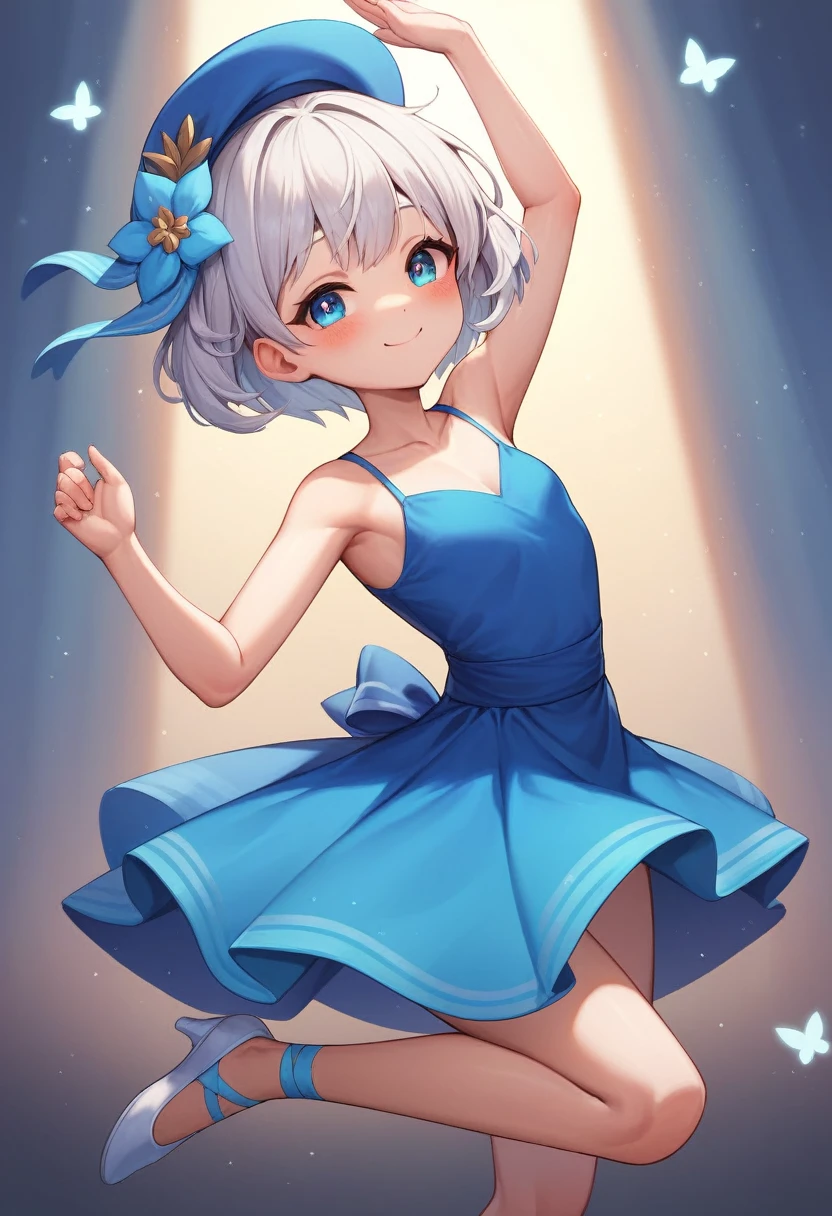 masterpiece, best quality, highrens, 4k resolution, minimalism, 1 girl,solo, , Furina, blue style, nature, cute eyes, short hair, ornament hair, white hair, blue dress, hat, blushing, smile, dancing, ballerina, blue theme